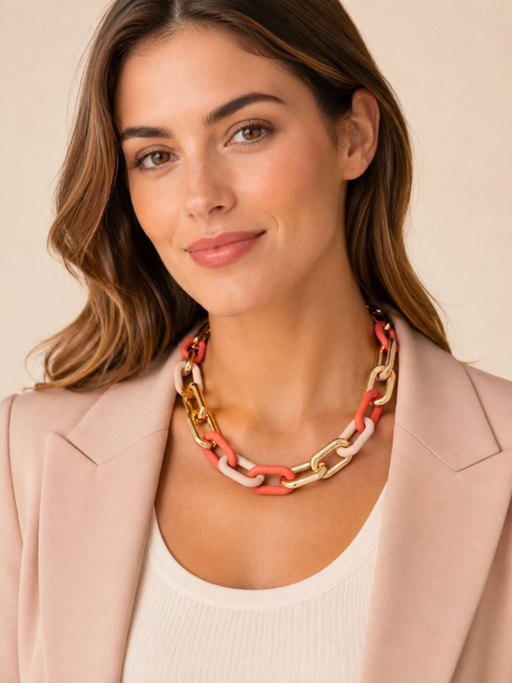 Coral and Gold Chanel-Vibe Colorblock Resin Link Necklace